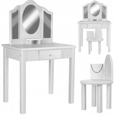 Set masa de toaleta pentru fetite 81x32x46 cm, scaun, 3 oglinzi, sertar, design elegant, alb, RESIGILAT