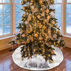 Covor pentru bradul de Craciun, model fulgi de zapada, diametru 120 cm, alb gri