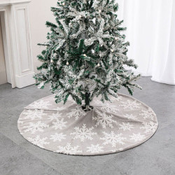 Covor pentru bradul de Craciun, model fulgi de zapada, diametru 120 cm, alb gri