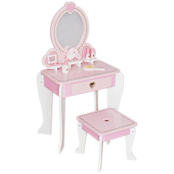 Set masa de toaleta pentru fetite, scaunel si oglinda, 6 accesorii, lemn, 92x34x49 cm, alb roz