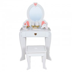Set masa de toaleta pentru fetite, oglinda si scaun din lemn, 5 accesorii coafura si machiaj