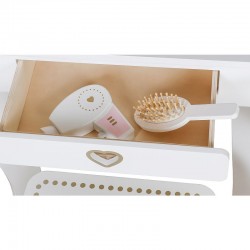 Set masa de toaleta pentru fetite, oglinda si scaun din lemn, 5 accesorii coafura si machiaj