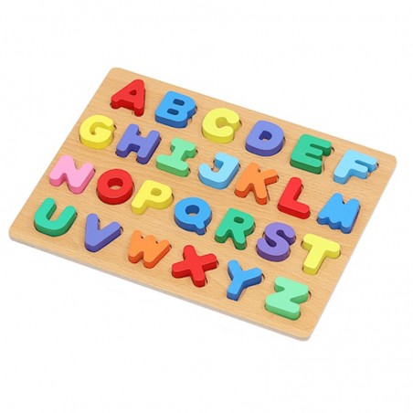 Puzzle educativ din lemn, literele alfabetului, 26 piese multicolore, litera 3x3,5 cm
