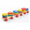 Trenulet din lemn, forme geometrice de potrivire, 19 piese multicolor, sfoara tras, 40x7x7 cm