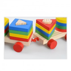 Trenulet din lemn, forme geometrice de potrivire, 19 piese multicolor, sfoara tras, 40x7x7 cm