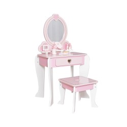 Set masa de toaleta pentru fetite, scaunel si oglinda, 6 accesorii, lemn, 92x34x49 cm, alb roz