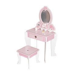 Set masa de toaleta pentru fetite, scaunel si oglinda, 6 accesorii, lemn, 92x34x49 cm, alb roz