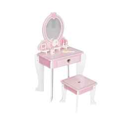 Set masa de toaleta pentru fetite, scaunel si oglinda, 6 accesorii, lemn, 92x34x49 cm, alb roz