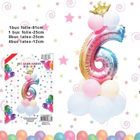 Aranjament baloane, cifra 6, 14 piese, material latex si folie aluminiu