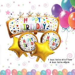 Aranjament decorativ, 5 baloane folie metalizata, inscriptie Happy Birthday