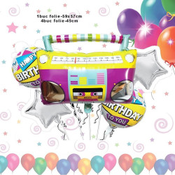 Aranjament Happy Birthday tematica retro, balon casetofon, dimensiune 59 x 57 cm, folie metalizata