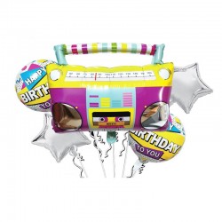 Aranjament Happy Birthday tematica retro, balon casetofon, dimensiune 59 x 57 cm, folie metalizata