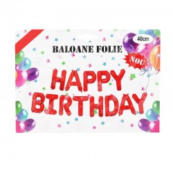 Baloane Happy Birthday din folie metalizata, dimensiune 40 cm, litere rosii
