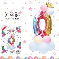Balon party cifra 0, inaltime 81 cm, multicolor, set 14 bucati, material folie metalizata si latex