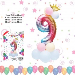 Set aranjament 14 baloane folie si latex, balon cifra 9, dimensiune 81 cm, multicolor