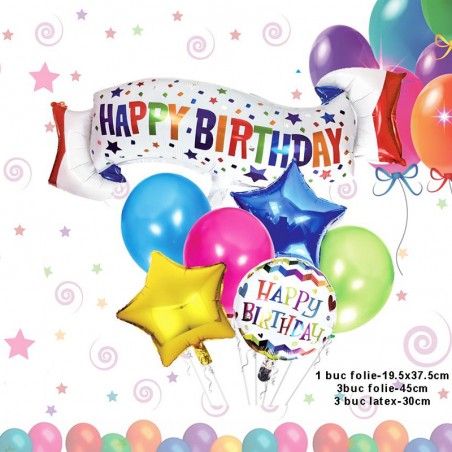 Set 7 baloane Happy Birthday, multicolor, folie si latex