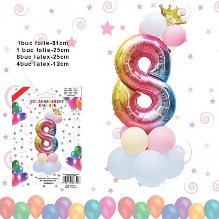 Set aranjament baloane cifra 8, inaltime 81 cm, material latex si folie
