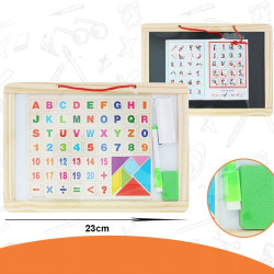 Tablita magnetica cu 2 fete, litere si cifre, calcule matematice, marker, creta si burete sters, din lemn, 33.5x23 cm