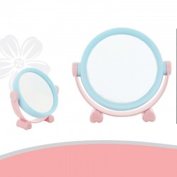 Oglinda rotunda pentru machiaj, 2 fete, rotire 360 grade, 19 cm, albastru roz