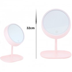 Oglinda cosmetica cu LED, suport bijuterii, 32 cm, roz