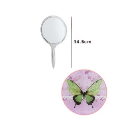 Oglinda cosmetica cu maner, rama argintie, imprimeu fluturi, 14.5 cm
