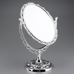 Oglinda de masa cu suport, design vintage, rotire 360 de grade, 17.5 cm, argintie