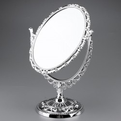 Oglinda de masa cu suport, design vintage, rotire 360 de grade, 17.5 cm, argintie