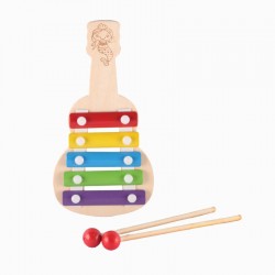 Jucarie Xilofon, forma chitara, margini rotunjite, 21 cm, lemn, multicolor