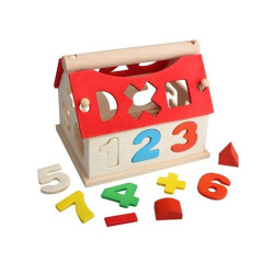 Casuta sortator cu cifre si forme geometrice, lemn, 14x10x10 cm