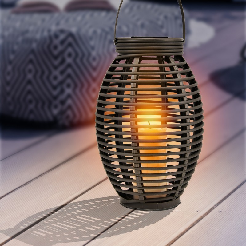 Felinar solar decorativ, LED care imita flacara, rattan, design vintage, IP44, 35 cm