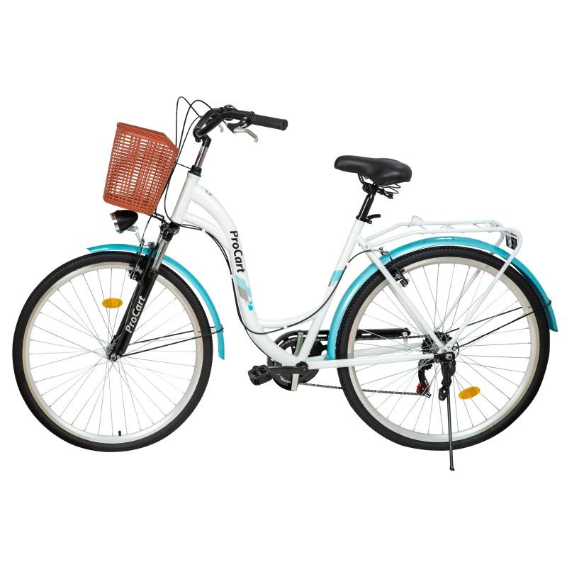 Bicicleta dama, PROCART, roti 28 inch, 7 viteze Shimano, V-Brake, cumparaturi, portbagaj, alb turcoaz - eMAG.ro